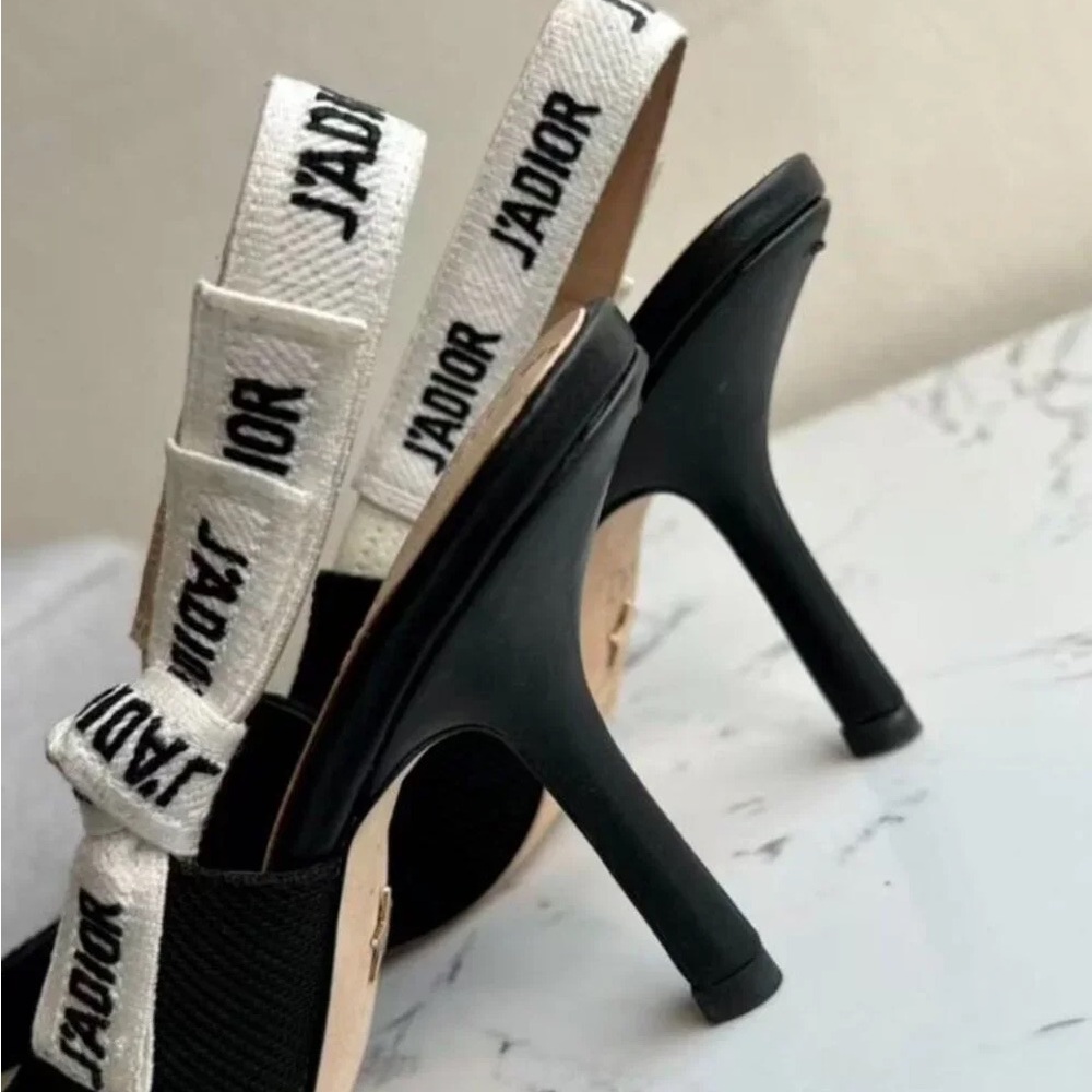 Dior Black Pointed Slingback Heels with White Logo Strap. - Picture 6 of 9